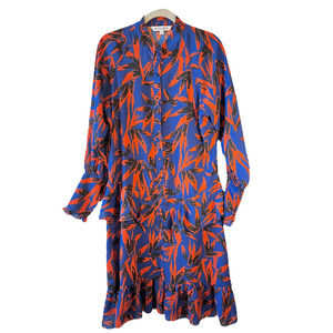 Walter Baker Sz Large Ruffled Button Down High Collar Dress Orange Leaf Pattern